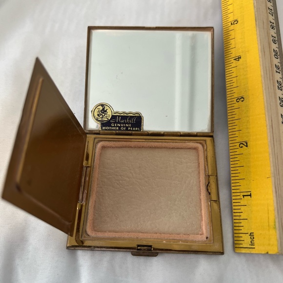 Antique Vintage Mother of Pearl & Blue Rhinestone Mirror Powder Beauty Compact - Picture 9 of 9